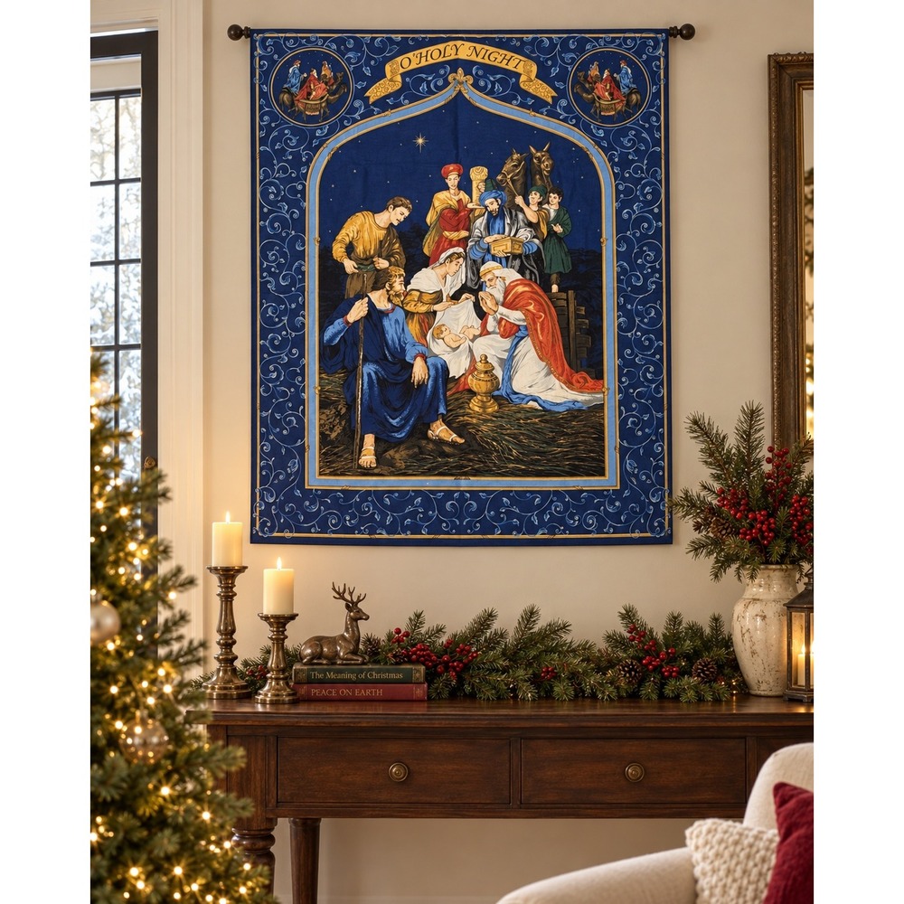 Handmade Quilted Wall Hanging Blue O Holy Night Nativity Christmas Tapestry 42"